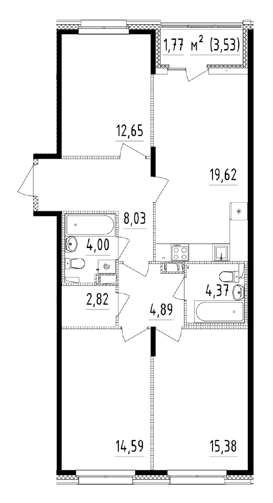 3-комнатная квартира 86.35 м², 13/14 эт., ЖК «Чёрная речка»